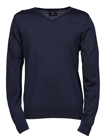 Sweter męski z dekoltem V, wełna merynosów - Navy
